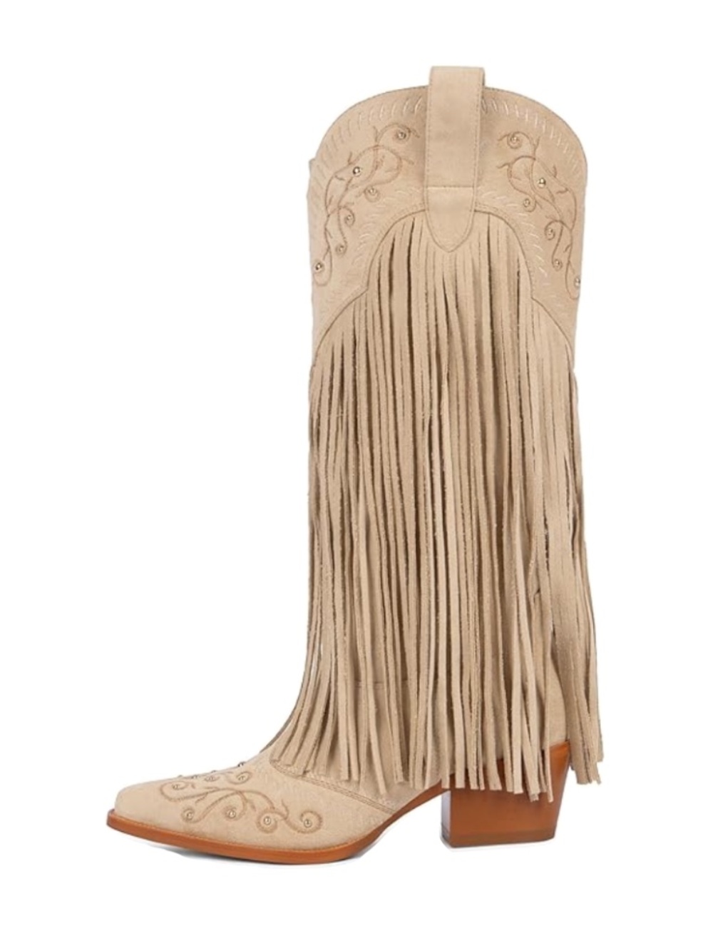 Beige/Tan Suede Fringe Cowboy Boots Size 9 Embroidered Knee High Western Boots